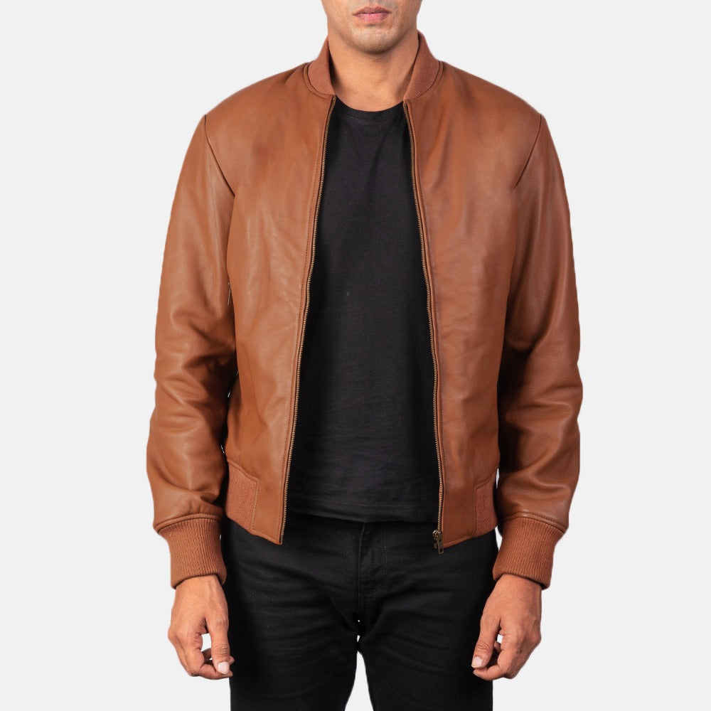 RahWas – Elegant Brown Leather Bomber Jacket